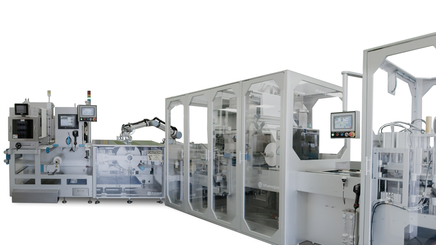 Double packaging for medical devices uses robotic handling for compact capabilities