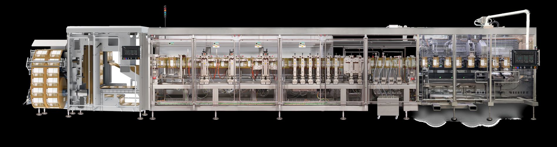 Filler offers firm control handling pouches from roll-stock to carousel